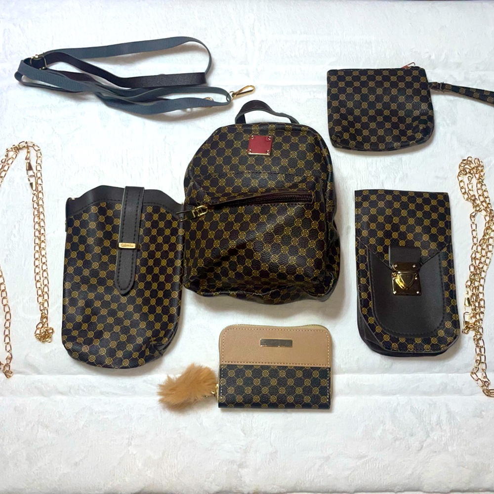Faux leather mini backpack,  2 wallets , phone holder, and pouch bundle